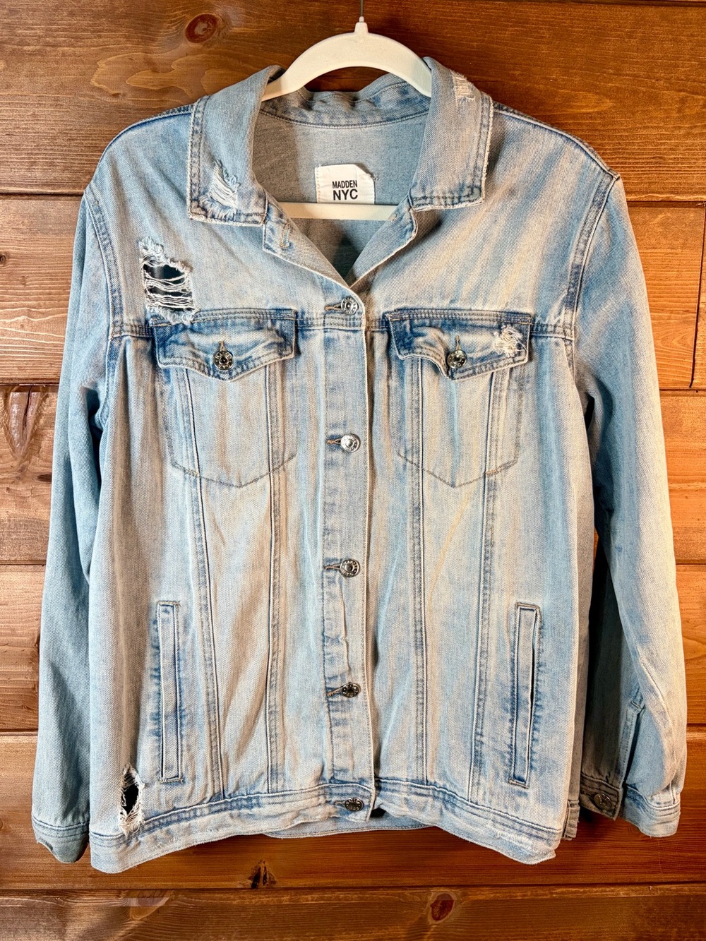 Madden NYC Light Blue Distressed Denim Jacket Size Medium 🖤